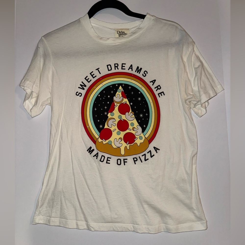 Dirtee Laundry White Graphic Tee with Pizza Design